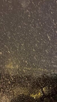 Heavy snowfall in winter, view of Budapest city at night
