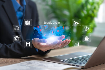 Supply chain management concept,Businesswomen Logistics and global transport management, Organising and controlling resources. International shipping,Online e-commerce business and Warehouse inventory
