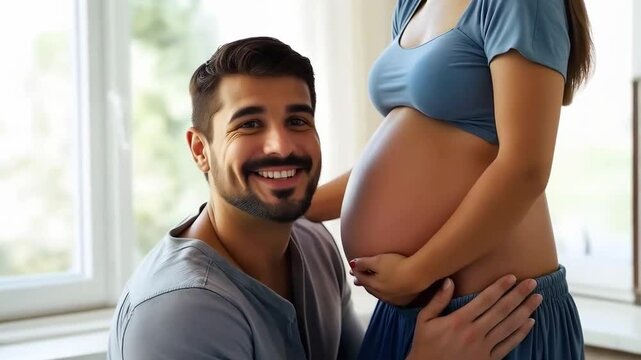 Happy father to be, talking to his baby in the the belly of a pregnant woman 