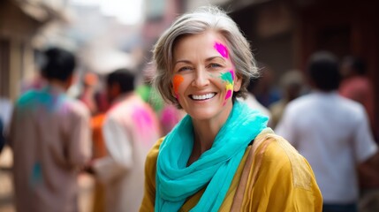 Senior woman with colorful powder on face celebrating Holi festival. Happy celebration of spring, love, and new life in India.