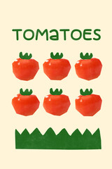 Creative art collage. Red tomatoes with cartoon-style green tops placed in two clean rows above sharp grass-like base, evoking garden care. Tomato Order. Concept of garden food, balance, natural taste