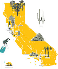 Hand drawn illustration of California with tourist attractions and cities names. Travel concept with landmarks,roadmap, animals. Template for card, poster, banner, print, t-shirt, pin, badge, patch.