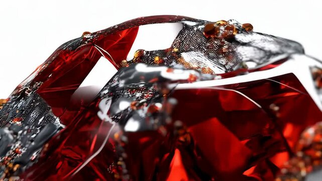 Detailed macro view of a large artificial red ruby encased in porous dark metallic structure, with amber colored specks on white.