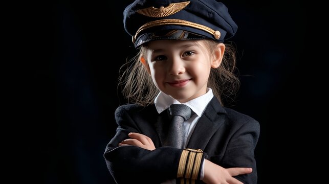 Asian little girl dressed up as an airline pilot, professional portrait.