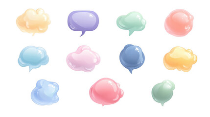 Obraz premium Twelve colorful glossy speech bubbles of different shapes floating on a transparent background, creating a playful and dynamic composition ideal for communication and messaging concepts