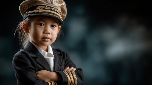 Asian little girl dressed up as an airline pilot, professional portrait.