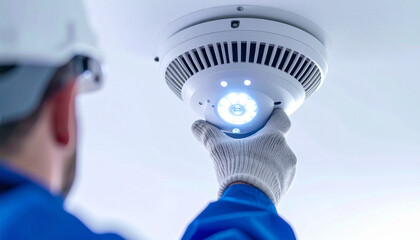 Worker installing a modern smoke detector with bright LED lights on a white ceiling for enhanced safety.
