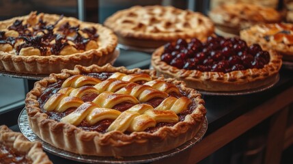 Delicious fruit pies with cream on display in a bakery