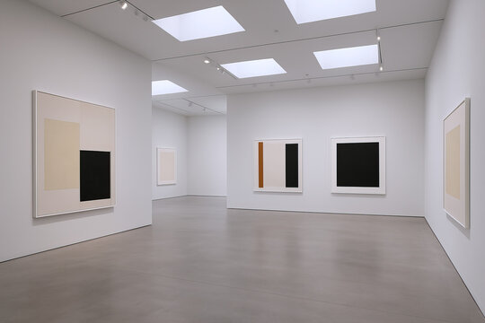 Minimalist modern art gallery with abstract geometric paintings, white walls, skylights, and polished concrete floor – contemporary exhibition space with clean aesthetic and natural lighting
