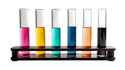 Colorful Liquids in Test Tubes on a Dark Wood Rack Perfect for Science Experiments or Chemical Research