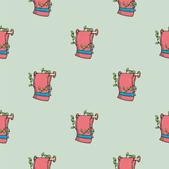 Towel and branches with leaves. SPA water procedures. Vector seamless pattern. Bright illustration for background, print, wrapping paper. Repeating pattern on green background