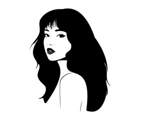 Black and white vector portrait of a beautiful young woman with long wavy dark hair looking over her shoulder. Elegant minimalist character, chic fashion illustration