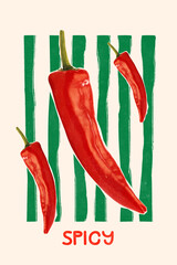 Conceptual art design. Hot red chili peppers on green-striped background, different angles and sizes highlight power, heat and growth. Pepper Line. Concept of harvest, strong taste, home garden
