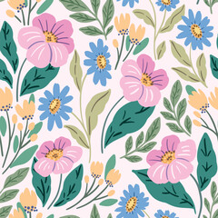 Seamless floral pattern, decorative ditsy print in modern folk style. Delicate botanical design of large hand drawn wild flowers, leaves in abstract composition on white field. Vector illustration.