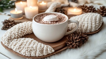 Cozy hot chocolate with candles and knit wrap