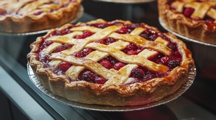 Delicious cherry pies on display in bakery close-up