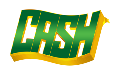 3D text logo of the word "CASH" rendered in golden & green color with a wavy look, 3D letter "CASH" word bundle logo, isolated on a transparent background, best suited for icons, logos, or monograms.