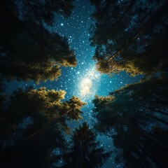 Obraz premium Stargazing adventure enchanted forest night sky nature below canopy celestial beauty