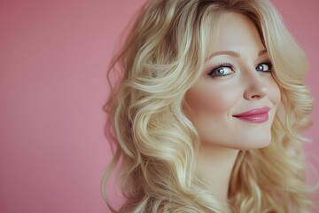 Naklejka premium blonde women with long curls, as if after styling, smiling, pink background , cosmetic advertisement 