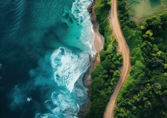 Aerial view of a coastal road winding through lush greenery. AI-generated