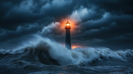 Dramatic lighthouse amidst stormy sea with crashing waves and dark clouds. AI-generated