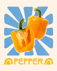 Conceptual collage. Two halves of yellow pepper placed on blue sunbeam background, expressing...