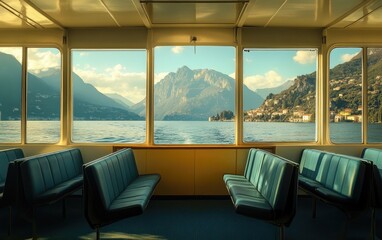 Fototapeta premium Ferry interior with lake and mountain views