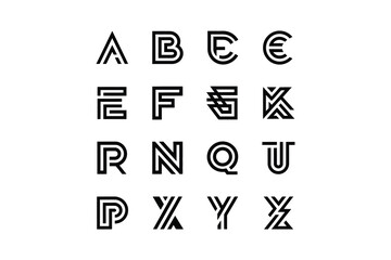A collection of sixteen stylized black and white letters of the alphabet