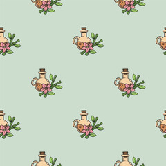 Aroma oil bottle, lotus flower and bamboo branches. SPA water treatments. Vector seamless pattern. Bright illustration for background, print, wrapping paper. Repeating pattern on green background