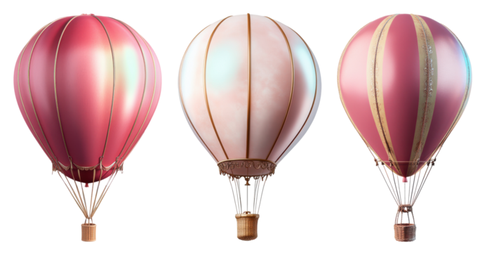 hot air balloons, three pink variants on white background.
