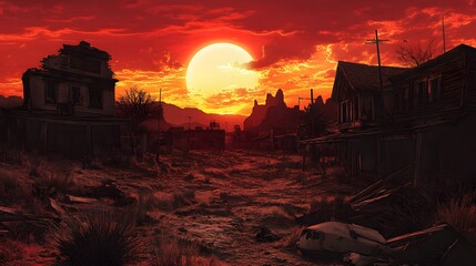 A ghost town under a red sunset sky