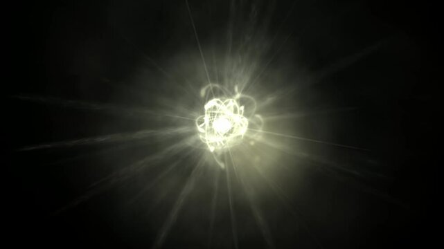 Atomic structure simulation with active electron paths, radiation spikes and cloud emanating from the core.