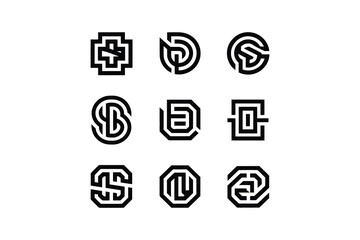 A collection of nine unique black and white geometric letter logos designs