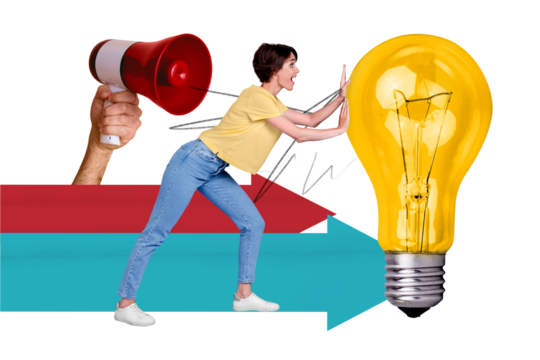 Collage template picture of businesswoman trader push big light bulb genius idea about shopping offer - Powered by Adobe