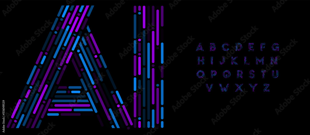 Poster Digital Futuristic Alphabet, Abstract Linear Font with Neon Glowing Strokes for AI Tech Startup Logo, Artificial Intelligence Data Science, Machine Learning and Cyber Security. Vector Typeset.