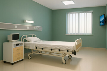 This is a clean and well - lit hospital room with a hospital bed, a bedside cabinet with a monitor, a window with blinds, and a wall - mounted TV.