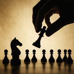 A hand moves a chess piece (queen) on a chessboard, with other pieces (knight, pawns) silhouetted against a warm background.