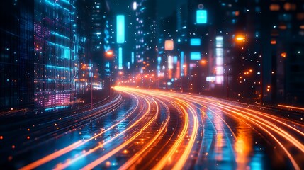 Fototapeta premium Futuristic cityscape with illuminated streaks depicting high-speed technology