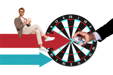 Creative business template collage of  entrepreneur guy writing copybook sitting on arrows direction to progress earnings win