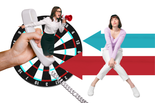 Poster banner collage of angry executive lady furious customer call telephone  complaining about work job success