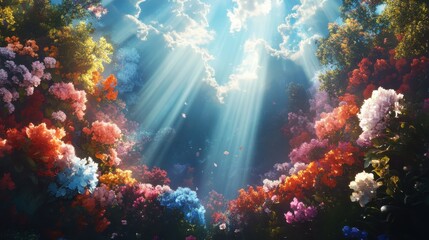 Vibrant floral display illuminated by sunlight enchanted garden nature photography serene atmosphere aerial view beauty of nature