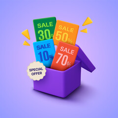 3d modern coupons inside an opened minimal gift box. Gift vouchers in gift box banner template in 3d vector. Vector illustration