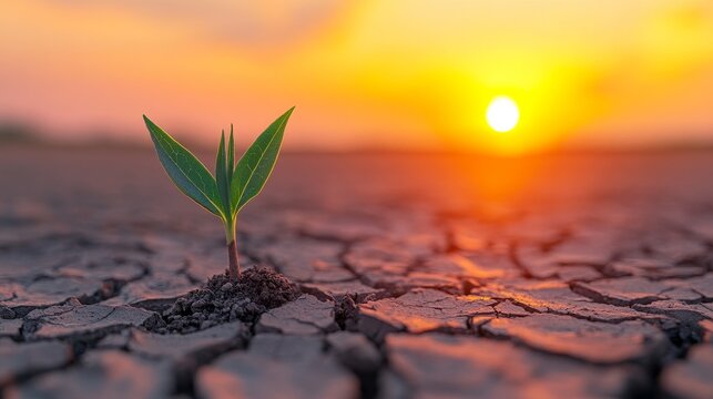 Single tree seedling growing in cracked dry earth under harsh sunlight, minimalist concept symbolizing resilience and hope for World Day to Combat Desertification and Drought - Powered by Adobe