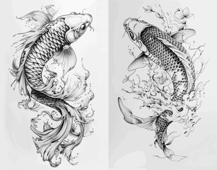 koi fish Set collection bundle sketch engraving generative ai raster illustration. Scratch board imitation. Black and white image.