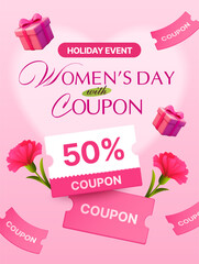 3d women day coupons with flowers and gift boxes flying around, isolated on gradient background. Women day gift voucher banner template in 3d vector. Vector illustration