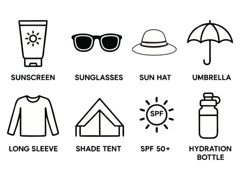 Sun Protection Icons &ndash; Summer Safety Black and White Vector Set
