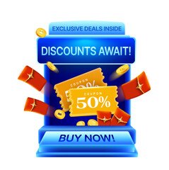 3d coupons, coins and lucky money flying out from a minimal shop, isolated on red background, shining effect. Exclusive shopping gift voucher discount banner template in 3d vector. Vector illustration