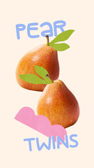 Creative artwork. Two fresh orange pears with green leaves above soft pink curve feel calm and balanced, celebrating natural sweetness. Concept of fruit harmony, natural and organic product, farming