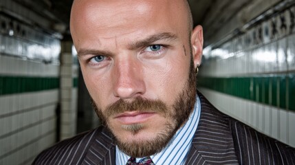 Intense close-up of a serious man with a beard and piercing blue eyes in an urban setting