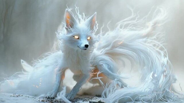 Ethereal white fox with flowing fur in misty forest